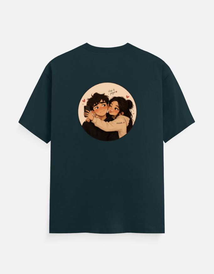 Unisex crew neck T-shirt, petrol blue, short sleeves, front round graphic print