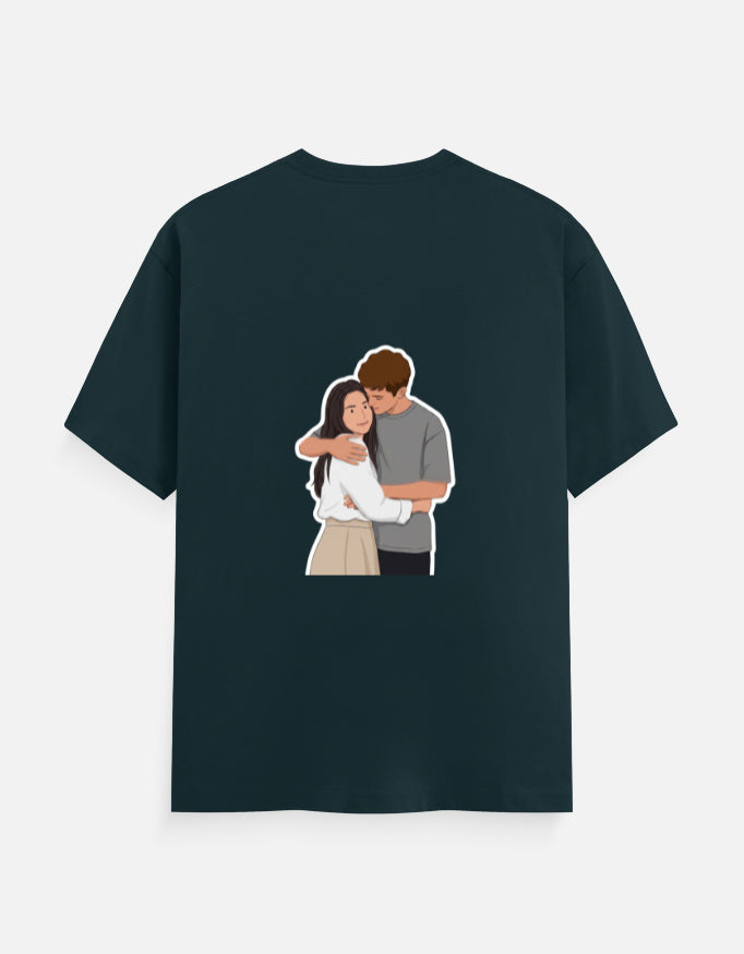 Petrol blue unisex crewneck T-shirt with front couple graphic illustration.