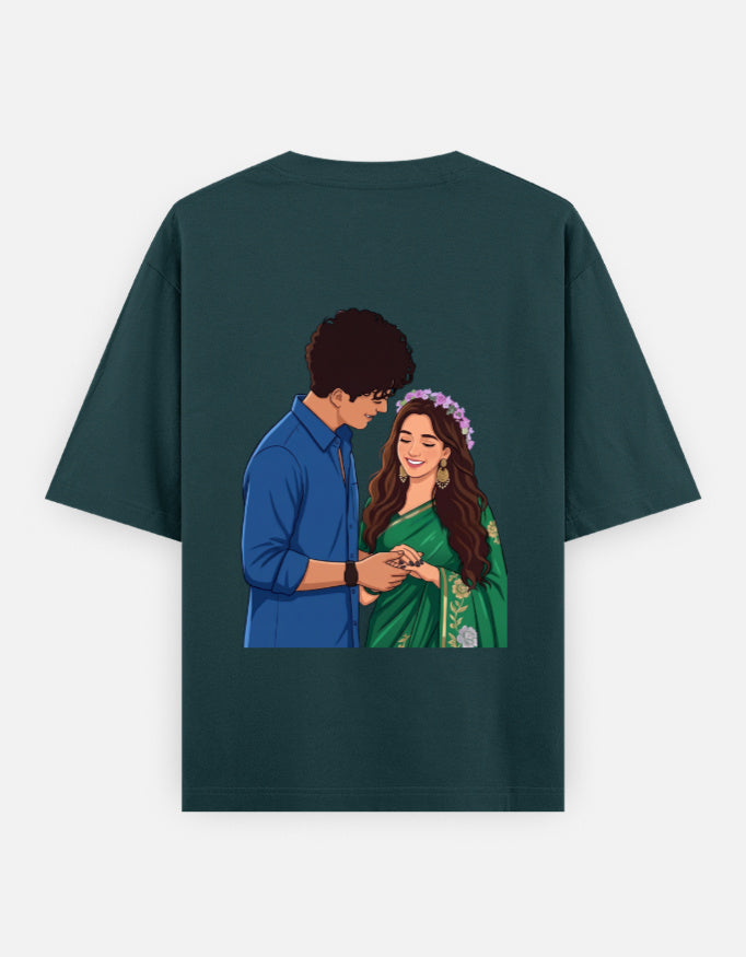 Petrol blue unisex oversized round-neck T-shirt with couple portrait graphic on back
