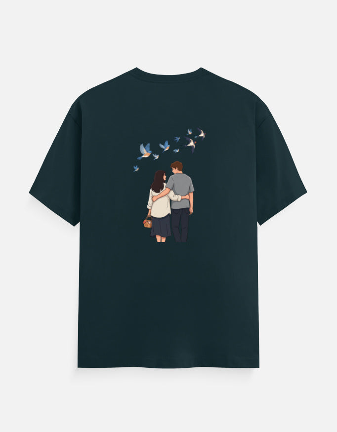 Petrol blue unisex crewneck T-shirt with printed couple and birds graphic on front