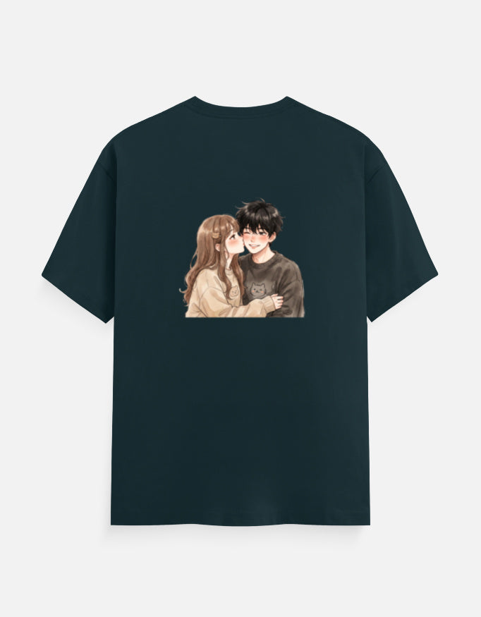 Petrol blue unisex crew neck T-shirt with couple portrait graphic on the chest