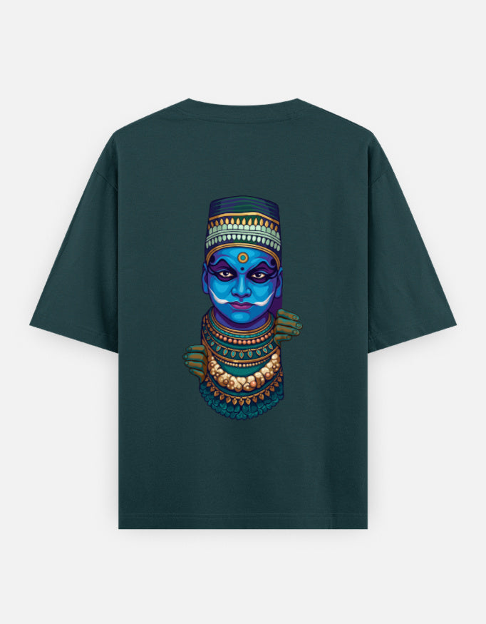 Unisex oversized round-neck T-shirt in petrol blue with colorful blue face graphic print