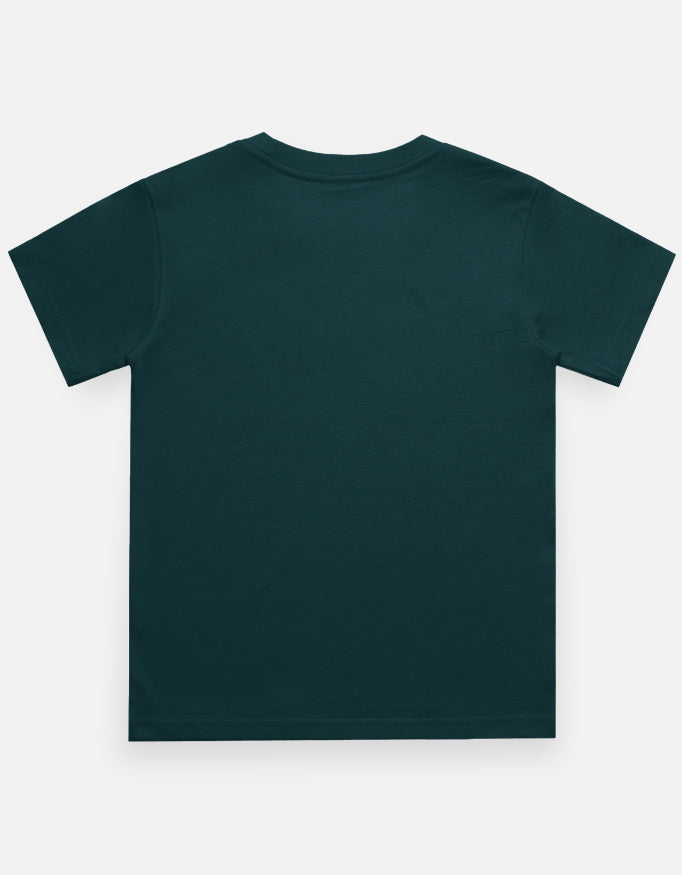 Kids girl’s graphic crew neck T-shirt, deep teal plain back view.