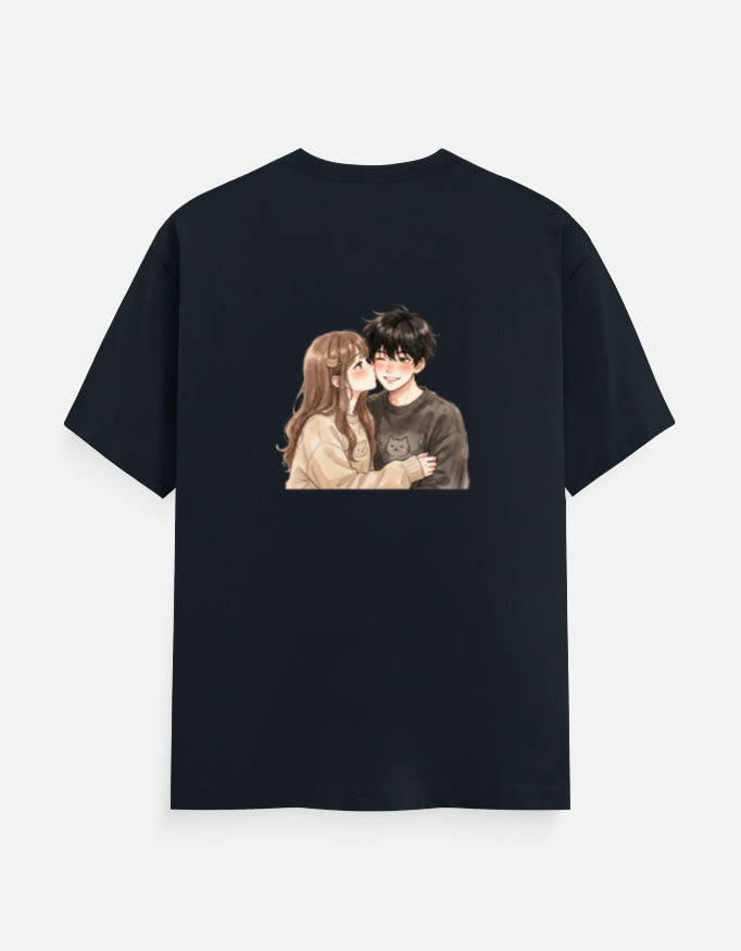 Navy blue unisex crew neck T-shirt with couple portrait graphic on the chest