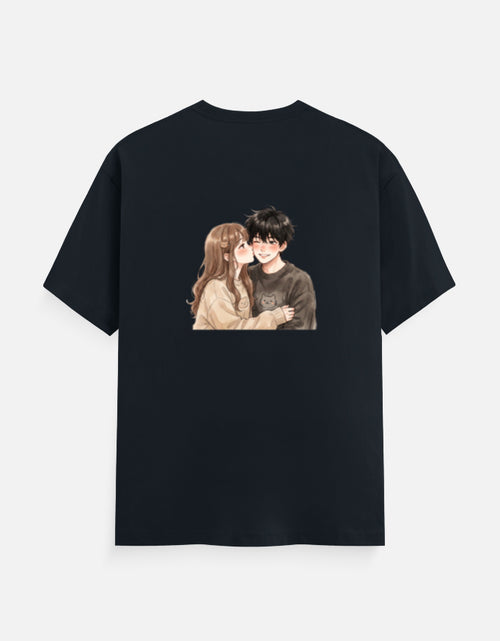Navy blue unisex crew neck T-shirt with couple portrait graphic on the chest