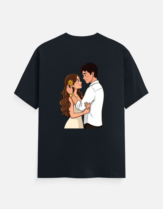 Dark navy unisex crew-neck T-shirt with colorful couple illustration at center chest