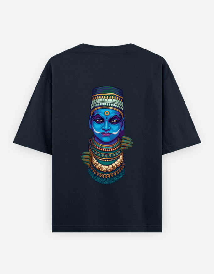 Unisex oversized round-neck T-shirt in navy blue with colorful blue face graphic print