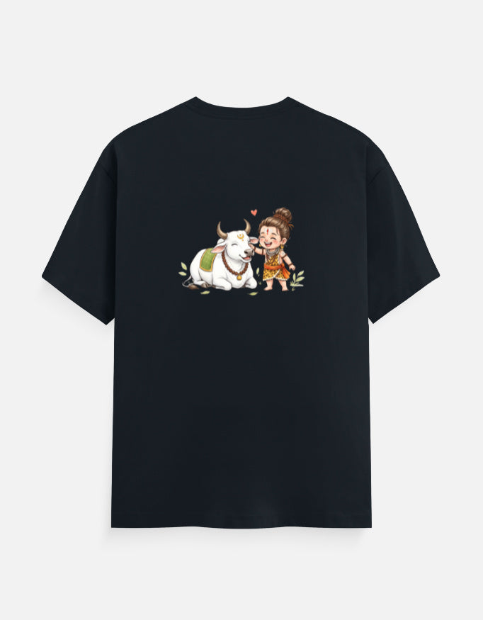 Navy unisex graphic crew-neck t-shirt with centered cartoon cow and child print