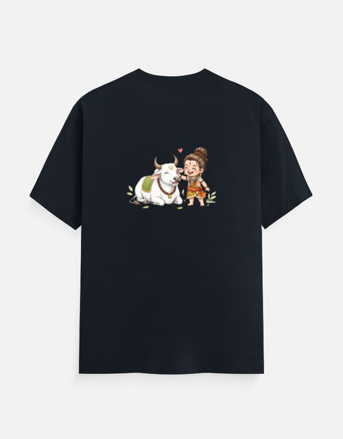 Navy unisex graphic crew-neck t-shirt with centered cartoon cow and child print