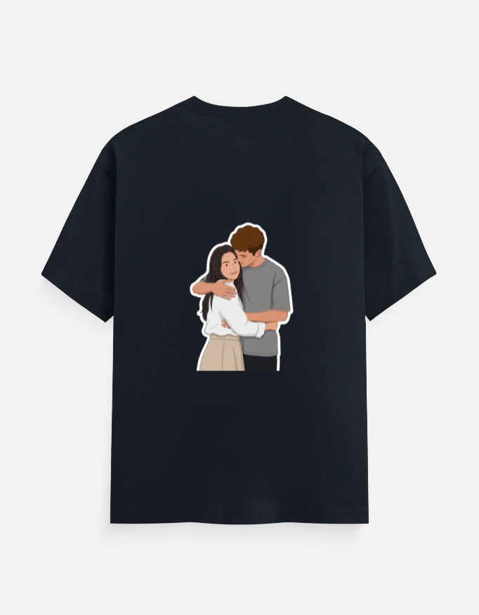 Navy unisex crewneck T-shirt with front couple graphic illustration.