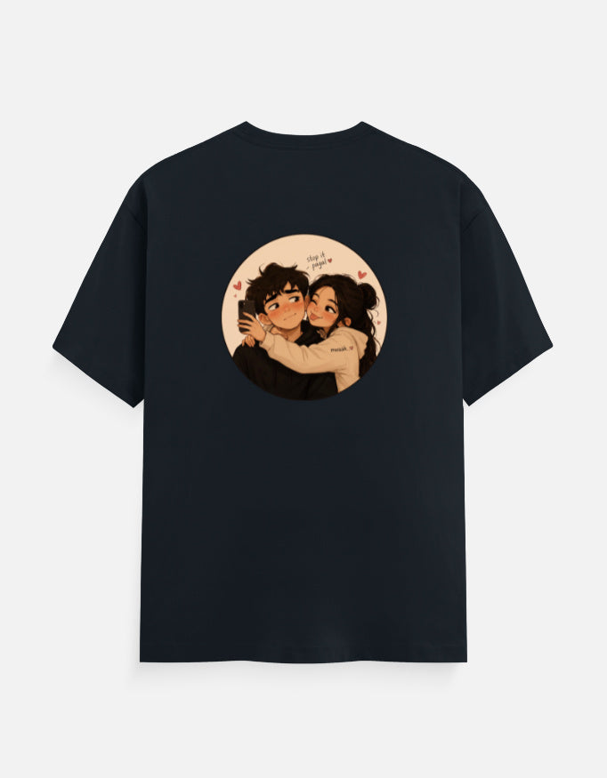 Unisex crew neck T-shirt, navy blue, short sleeves, front round graphic print