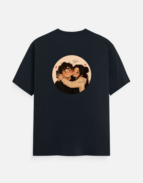 Unisex crew neck T-shirt, navy blue, short sleeves, front round graphic print