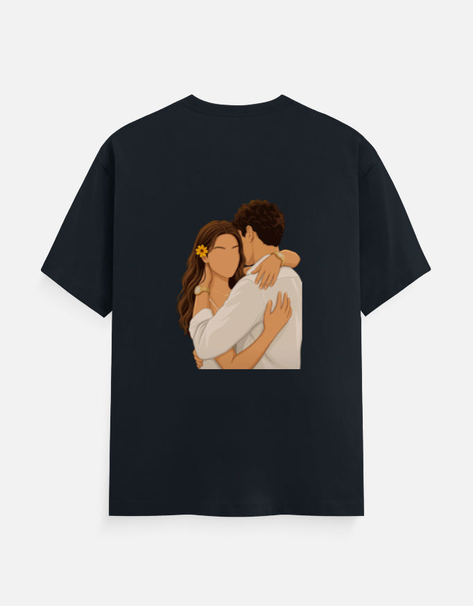 Navy blue unisex crew T-shirt with round neck and hugging couple graphic on front