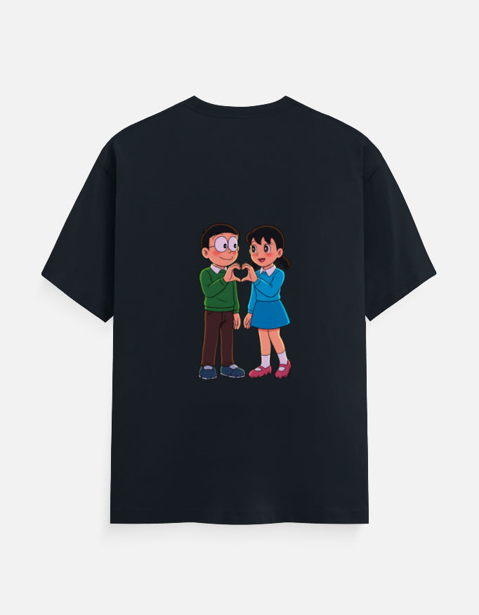 Black unisex crewneck T-shirt with printed cartoon couple at center chest