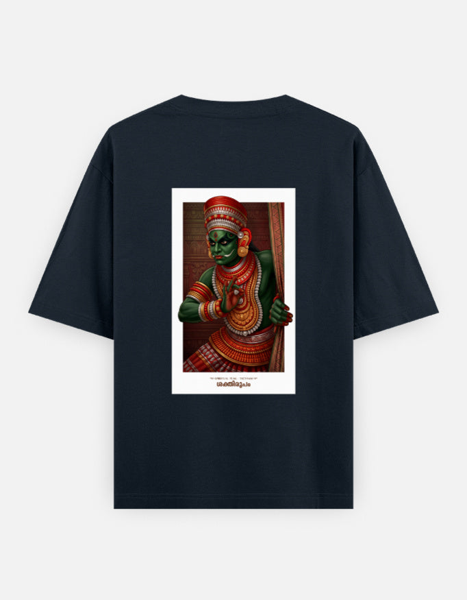 Navy blue oversized unisex round-neck T-shirt with centered deity portrait graphic