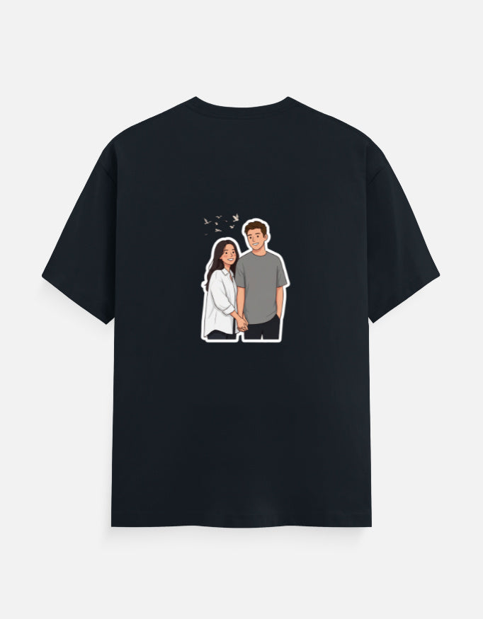 Navy unisex crew neck t-shirt with small couple graphic on the chest