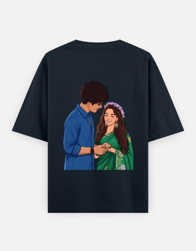 Navy blue unisex oversized round-neck T-shirt with couple portrait graphic on back