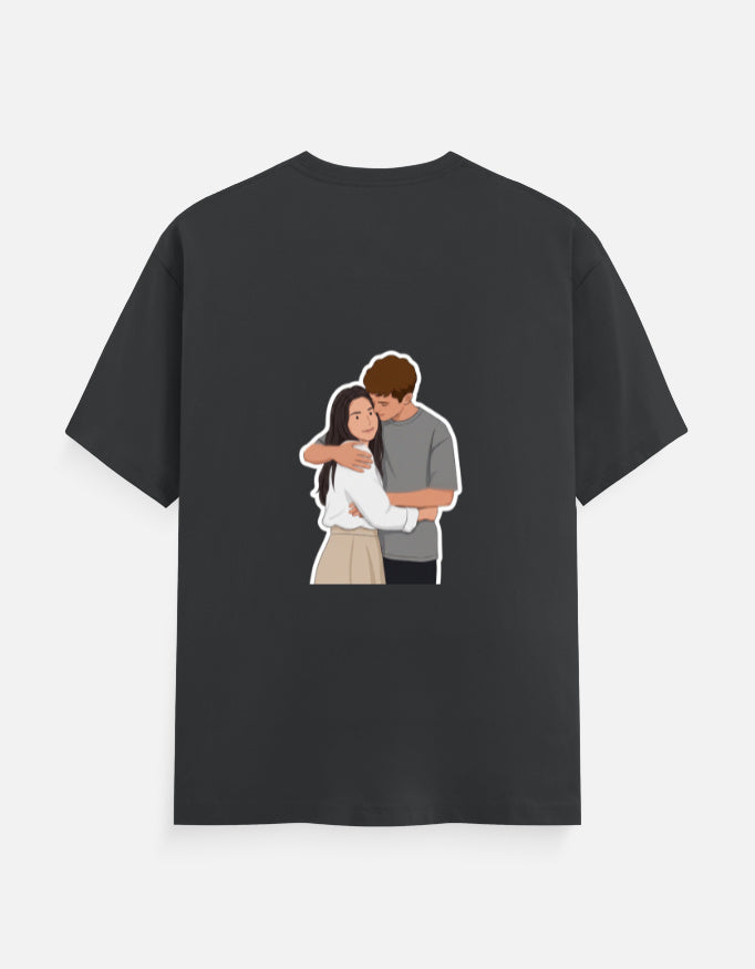 Steel gray unisex crewneck T-shirt with front couple graphic illustration.