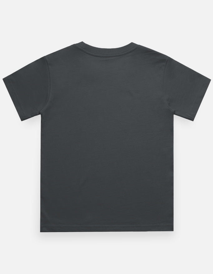 Kids girl’s graphic crew neck T-shirt, charcoal plain back view.