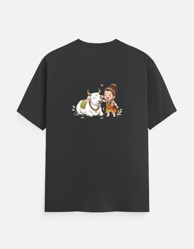 Dark unisex graphic crew-neck t-shirt with centered cartoon cow and child print