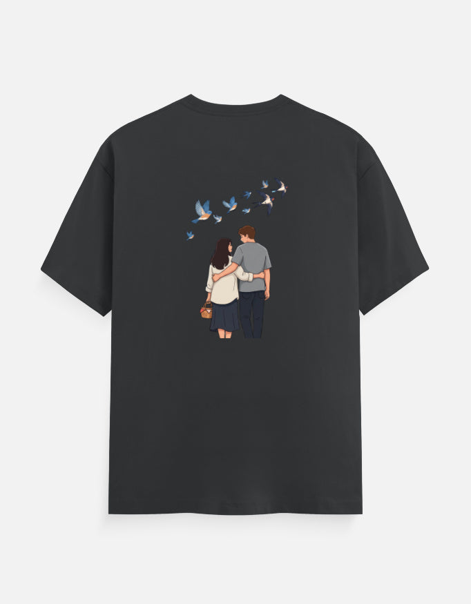 Steel grey unisex crewneck T-shirt with printed couple and birds graphic on front