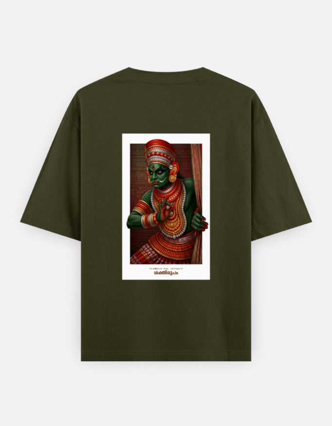 Olive green oversized unisex round-neck T-shirt with centered deity portrait graphic
