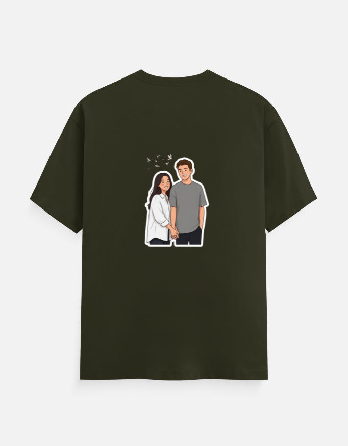 Olive green unisex crew neck t-shirt with small couple graphic on the chest