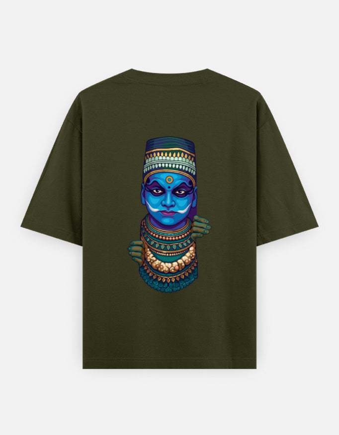 Unisex oversized round-neck T-shirt in olive green with colorful blue face graphic print