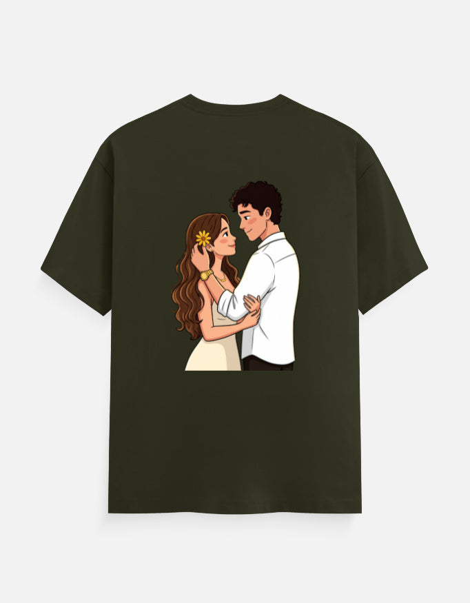 Olive green unisex crew-neck T-shirt with colorful couple illustration at center chest
