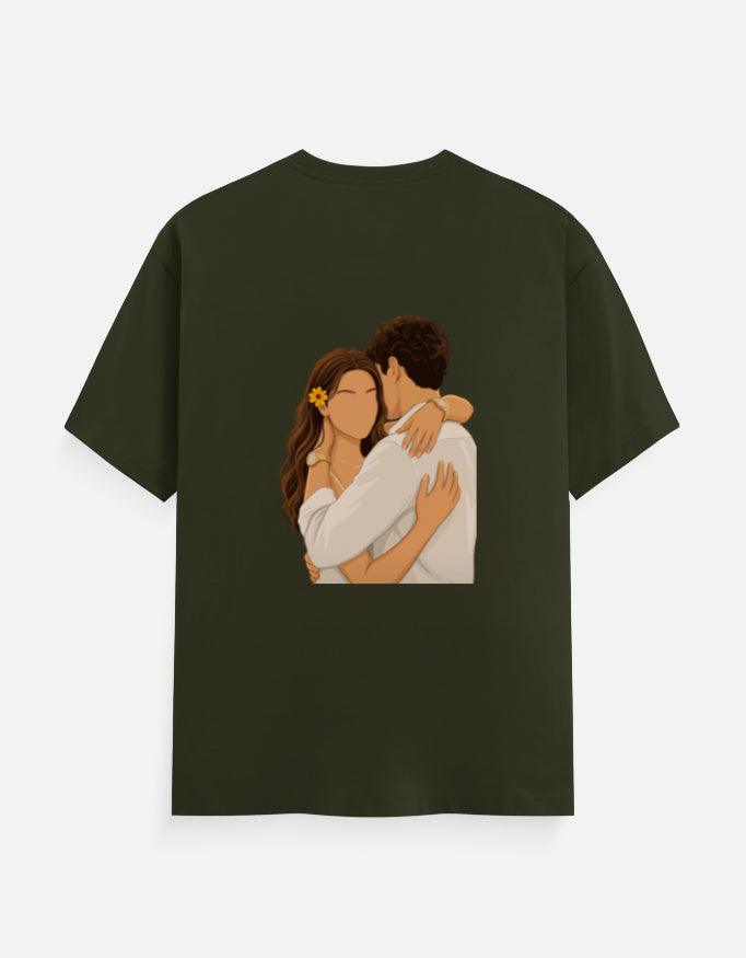 Olive green unisex crew T-shirt with round neck and hugging couple graphic on front