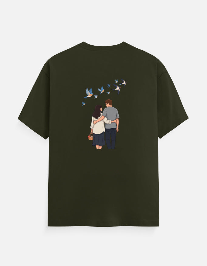 Olive green unisex crewneck T-shirt with printed couple and birds graphic on front