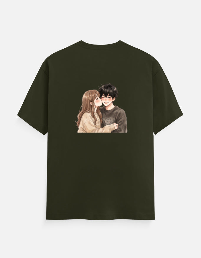 Olive green unisex crew neck T-shirt with couple portrait graphic on the chest