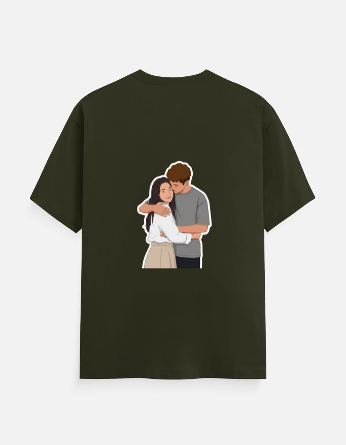 Olive green unisex crewneck T-shirt with front couple graphic illustration.