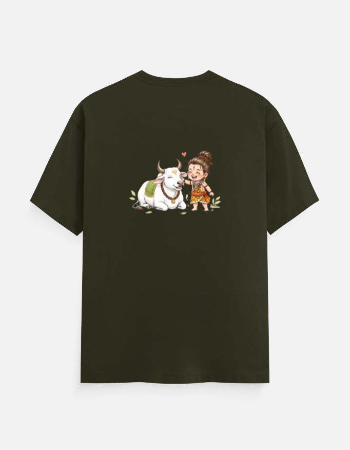 Olive green unisex graphic crew-neck t-shirt with centered cartoon cow and child print