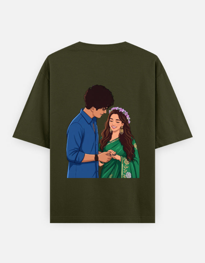 Olive green unisex oversized round-neck T-shirt with couple portrait graphic on back
