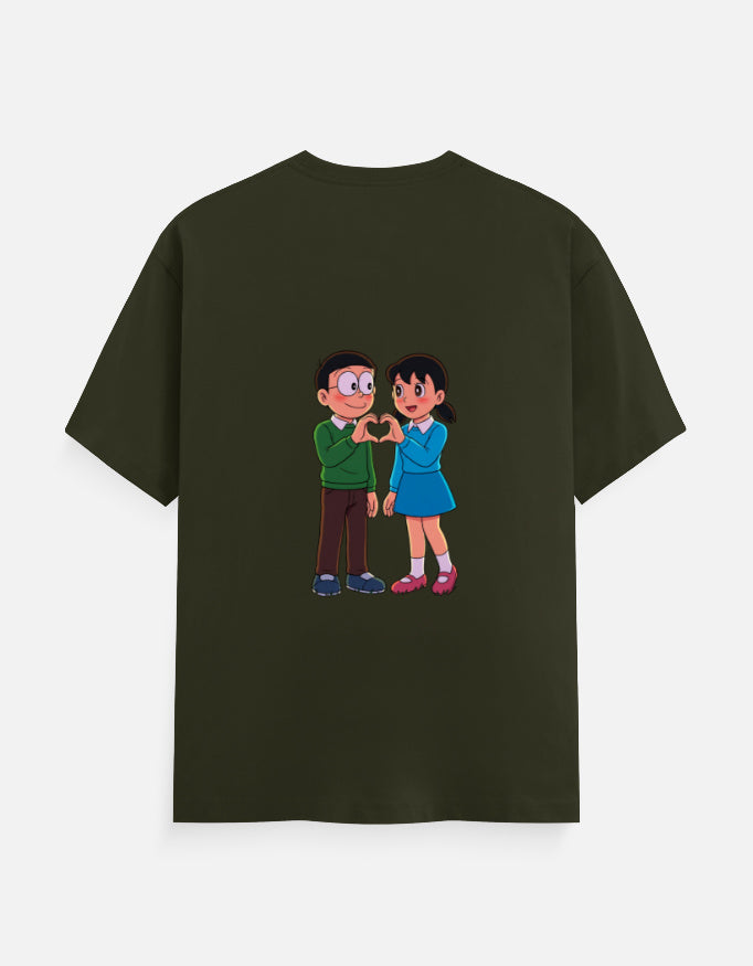 Olive green unisex crewneck T-shirt with printed cartoon couple at center chest