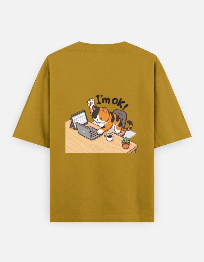 Mustard yellow unisex oversized crewneck T-shirt, back graphic of cat at typewriter