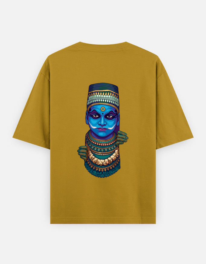 Unisex oversized round-neck T-shirt in mustard yellow with colorful blue face graphic print