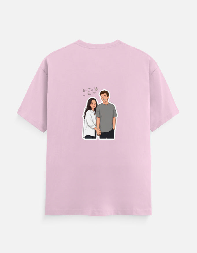 Light baby pink unisex crew neck t-shirt with small couple graphic on the chest