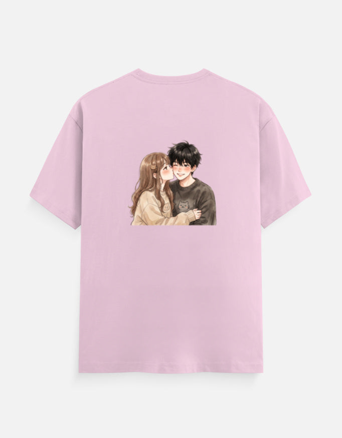 Light baby pink unisex crew neck T-shirt with couple portrait graphic on the chest