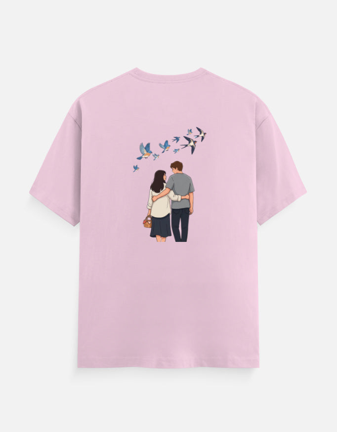 Light baby pink unisex crewneck T-shirt with printed couple and birds graphic on front