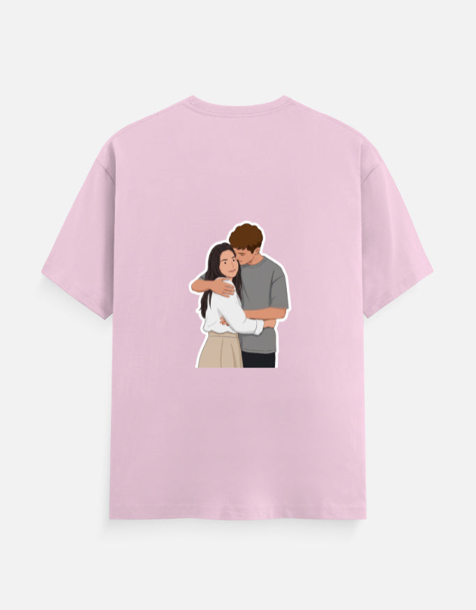 Light baby pink unisex crewneck T-shirt with front couple graphic illustration.