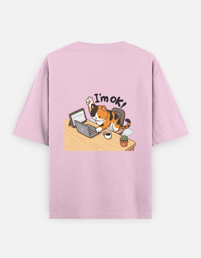 Light baby pink unisex oversized crewneck T-shirt, back graphic of cat at typewriter