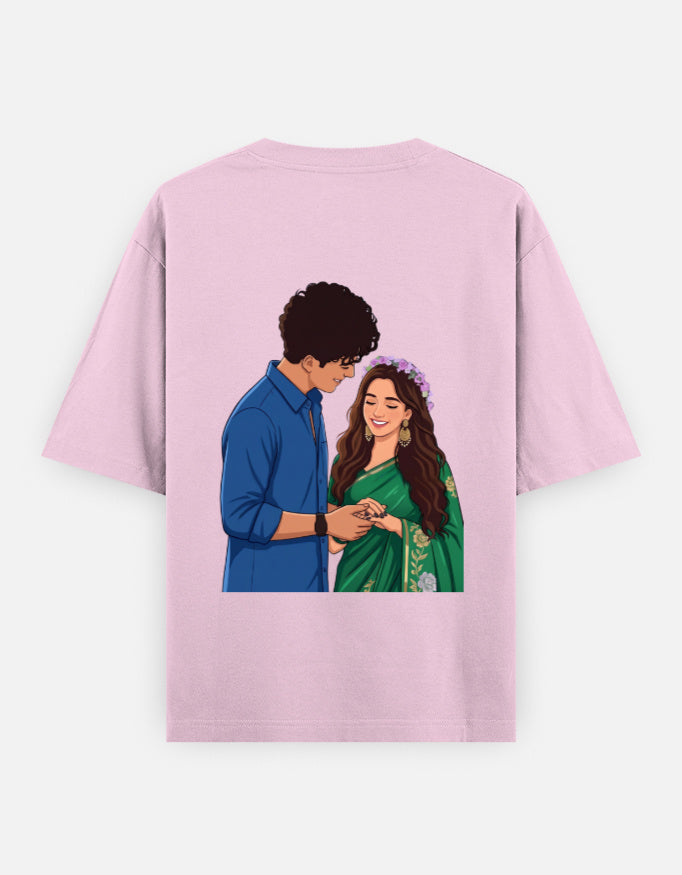 Light baby pink unisex oversized round-neck T-shirt with couple portrait graphic on back