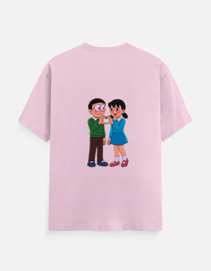 Light baby pink unisex crewneck T-shirt with printed cartoon couple at center back