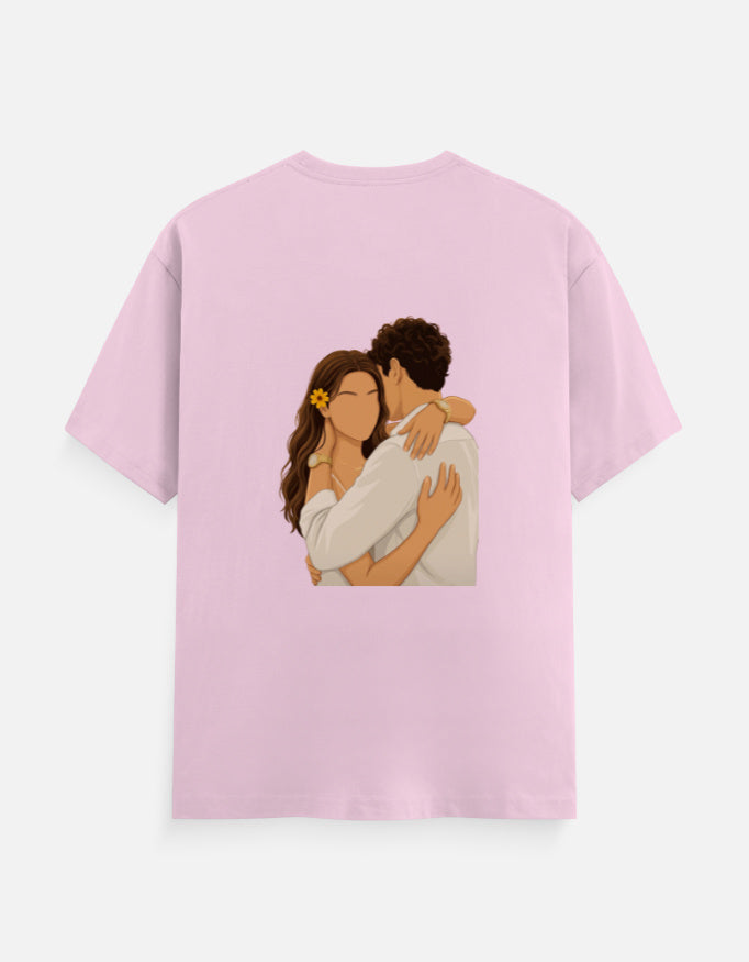 Light baby pink unisex crew T-shirt with round neck and hugging couple graphic on front