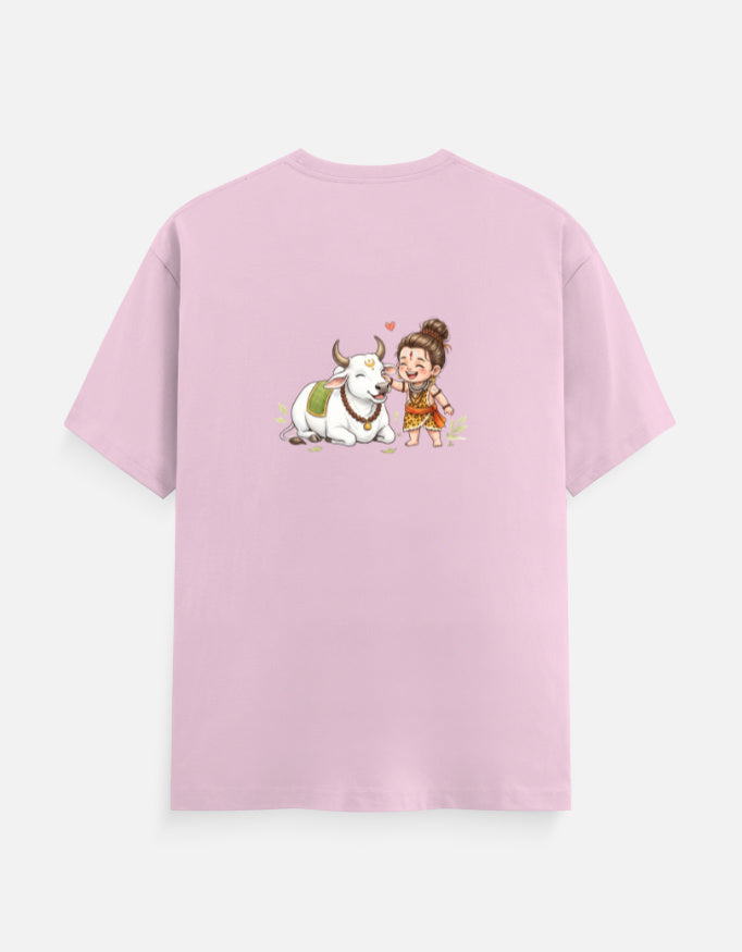 Light pink unisex graphic crew-neck t-shirt with centered cartoon cow and child print