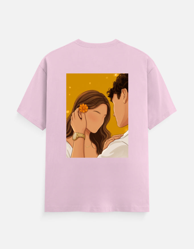 Unisex crew neck T-shirt, light baby pink, square romantic graphic print on front