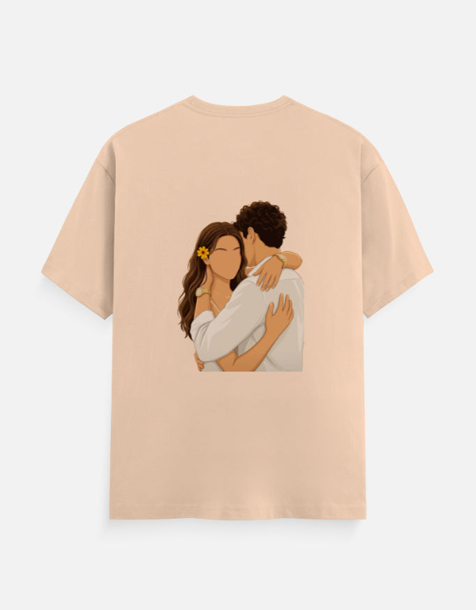 Peach unisex crew T-shirt with round neck and hugging couple graphic on front
