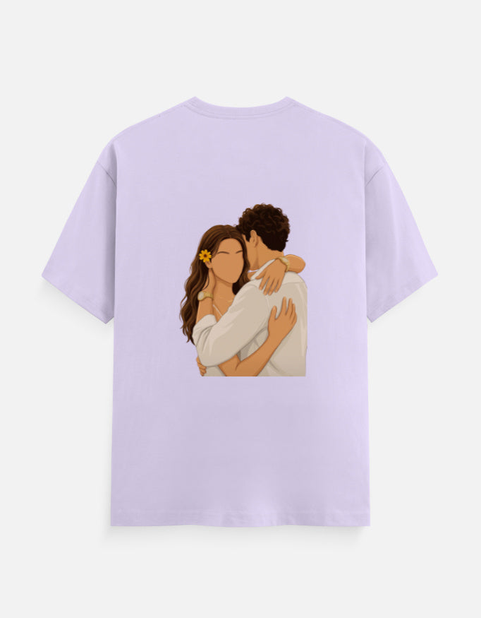 Lavender unisex crew T-shirt with round neck and hugging couple graphic on back